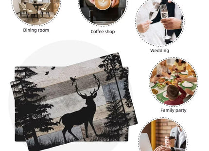 JanJCurt Rustic Deer Placemats, Retro Cabin Country Blue Brown Wooden Board Wild Forest Animals Deer Bird Print Print Placemats for Home Kitchen Dining Dinner Mats, 12x18 Inch, 4PCS