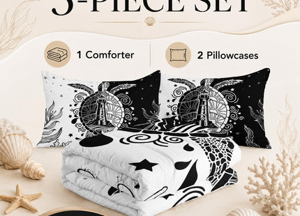 AILONEN Sea Turtle Comforter Set Twin Size,White and Black Ocean Themed Bedding Set,Coast Lighthouse Turtle Soft Comforter with 2 Pillowcases,3-Piece for Boys Girls Adults