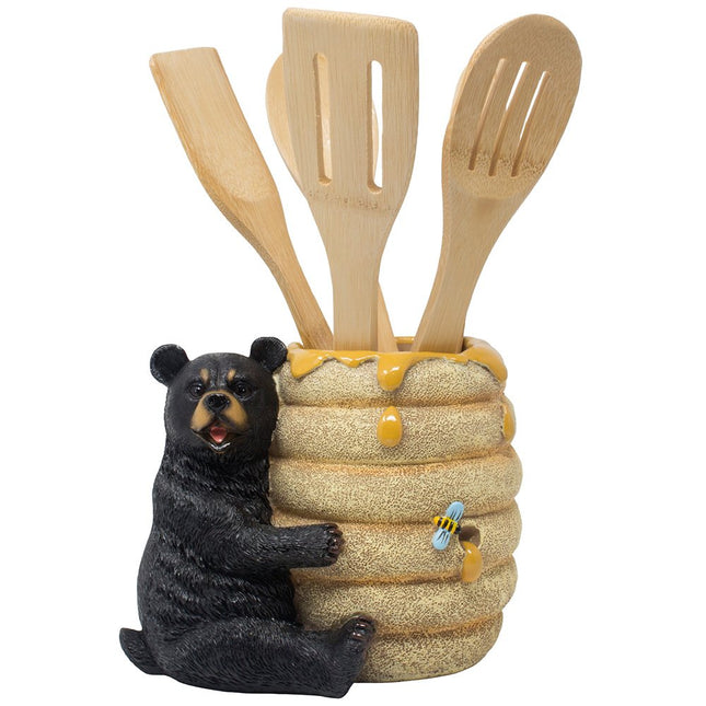 Decorative Black Bear in a Beehive Honey Pot Countertop Utensil Holder Crock Display Stand Table Statue for Cabin or Rustic Lodge Decor and Gourmet Kitchen Decorations As Housewarming Gifts