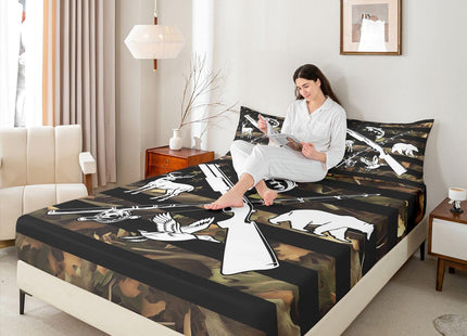 Hunting And Fishing Bedding Set Wildlife Fish Duck Deer Bear King Bed Sheets For Boys Men,Camo American Flag Sheet Set Rustic Trees Leaves Camouflage Fitted Sheet + Flat Sheet + 2 Pillow Cases