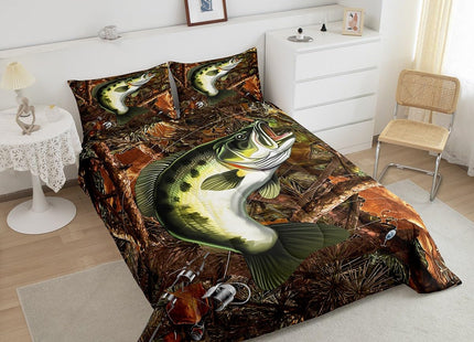 Erosebridal Bass Fish Hunting Duvet Insert Queen Pike Fish Fishing Rod Comforter Set Gifts for Men Women Fisherman Fishing Lover, Retro Wooden Branches Down Comforter Rustic Farmhouse Bedding Set