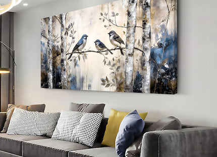 Ggaafet Beige Sparrow Bird Wall Art Decor for Bedroom Cute Chickadee Birds Canvas Pictures Birch Tree Woods Painting Prints Deco Wildlife Artwork Large