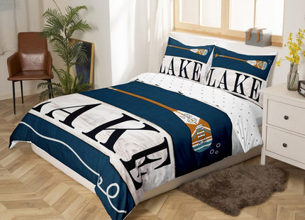 Lake House Theme Bedding Set,Go Boating Duvet Cover for Kids Teens Boys Girls,Lake Paddles Comforter Cover Decorative Room,Retro Navy and Gray Quilt Cover with 2 Pillowcases,King Size(No Comforter)