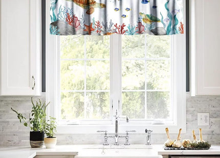 JanJCurt Sea Turtle Window Valance, Teal Blue Ocean Underwater Animal Starfish Fish Nautical Coastal Rod Pocket Short Curtain Valance for Living Room Bathroom Kitchen, 54x18in