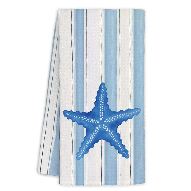 Yhtrg Coastal Blue Starfish Kitchen Towel 16x24 Inch, Blue Striped Beach Bathroom Decorative, Coastal Nautical Dish Tea Hand Towel for Kitchen Decor