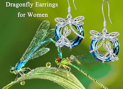 TOUPOP Dragonfly Sterling Silver Earrings with Blue Circle Crystal Dragonfly Dangle Drop Earrings - Women's Mom Birthday Gifts