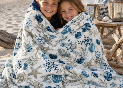 Coastal Ocean Beach Throw Blanket, Blue Gray Taupe White, 50x70 Oversized