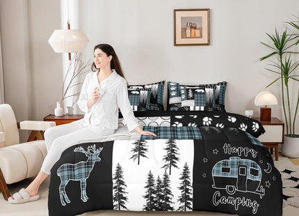 Erosebridal 7 Piece Rustic Cabin Bear Full Bedding Set, Deer Hunting Wildlife Woodland Comforter Set, Camping RV Camper Quilts Blue and Black Checkered Patchwork Bed in a Bag (Fitted + Flat Sheet)