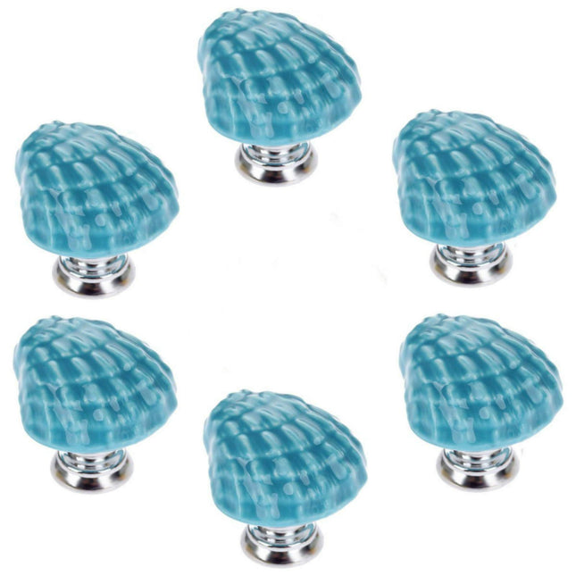 Ceramic Seashell Nautical Cabinet Knobs for Kitchen Drawer, 6 Pack, Blue