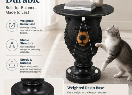 Sprgarde Luxury Bear Side Table, Black Faux Marble Top Accent End Table, Decorative Animal Sculpture Furniture for Living Room, Bedroom, Entryway Home Decor