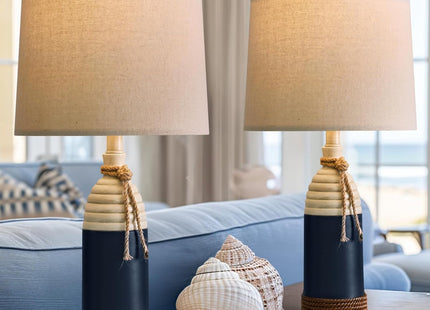 OYEARS 23.75" Table Lamps Set of 2, Bedside Lamps for Nightstands, Nautical Table Lamps for Living Room, Coastal Ocean Beach Style, Resin, Navy Blue