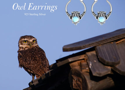 Vintage Owl Moonstone Hoop Earrings 925 Sterling Silver Boho Owl with Moonstone Hoop Earrings for Women Gifts