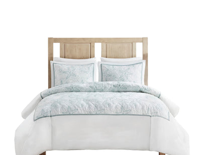 Harbor House 100% Cotton Duvet Cover, Embroidered Coastal Seashells, Starfish Duvet Cover Set – Light Weight Bed Comforter Covers, Maya Bay White Blue Full/Queen (90"x90") 3 Piece