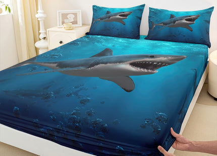 3D Shark Fitted Sheet Twin Size,Underwater World Bedding Set 2Pcs,Ocean Animals Bed Sheet for Kids Boys Girls Adult Bedroom Decor Sea Blue Gradient Deep Pocket Sheet,1 Pillowcase