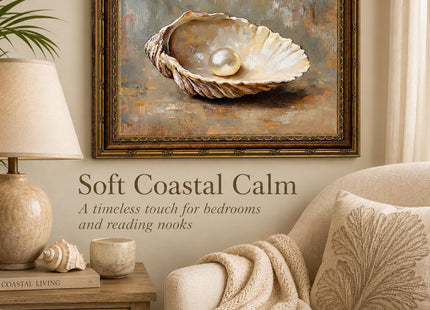 Vintage Gold Framed Wall Art, Seashell and Pearl Canvas Print, 11x9 In