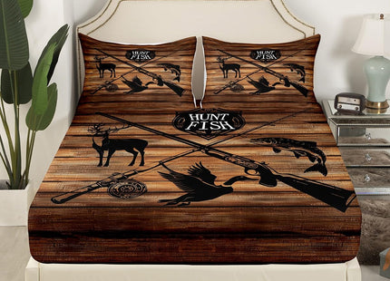 Kids Retro Hunt Fish Bed Sheets Queen Size,Retro Farm Wooden Board Quality Brushed Microfiber Luxury Bedding Set Deer Bird Fish Animal Hunting Bed Sheet Set (1 Flat,1 Fitted Sheet,2 Pillowcases)