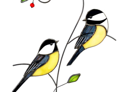 Iricrist Chickadee (1 Pair) Stained Glass Birds Suncatcher for Mom, Grandma, Women - Real Glass Window Hanging Ornament - Handmade Bird Lover Home Decor (Gifts Ready Packaging)