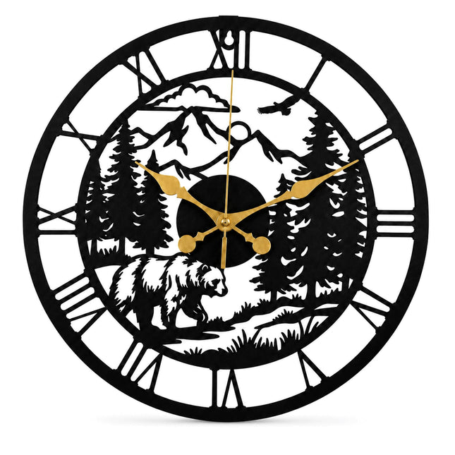 IASIRTGN Metal Bear Wall Clock, Rustic Cabin Wall Clock, Mountain Wall Clock, Woodland Decor, Roman Numeral Wall Clock, Farmhouse Wall Decor, Living Room Decoration