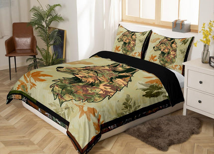 Wolf Bedding Set Twin For Boys Woodland Camo Hunting Duvet Cover Army Green Tree Branches Camouflage Wild Animal Comforter Cover For Adults Men,Botanical Leaves Rustic Bed Set With 1 Pillow Case