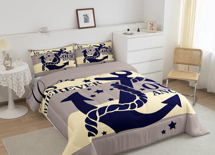 Nautical Bedding Sets Queen For Teen Boys Kids Navy Blue Anchor Comforter Set Retro Yellow and Grey Geometric Stripe Comforter Coastal Ocean Beach Quilts Bedding Summer Soft Lightweight Duvet 3 Pcs
