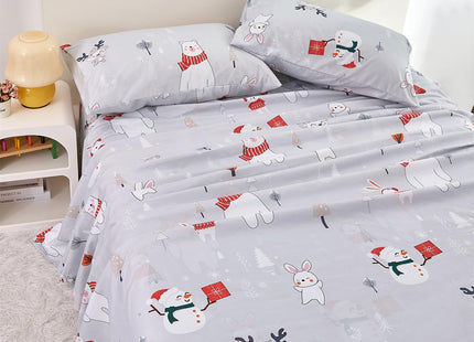 Yibeizi Kids Bear Snowmen Reindeer Bunny Printed Sheet Set Twin Size for Boys Girls, Cute Christmas Winter Microfiber Bedsheets Deep Pocket Bed Sheet & Pillowcase Sets 3 Pieces