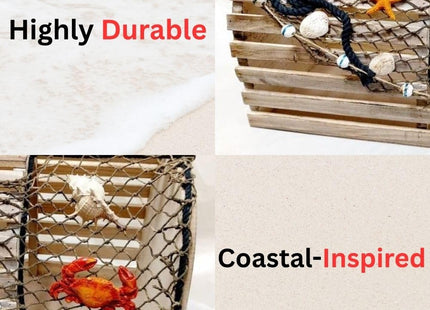 Decorative Lobster Trap Nautical Coastal Decor – Distressed Wood with Fishnet, Seashells, Crab & Starfish Accents – Perfect Beach House, Boat Decoration – Unique Ocean-Themed Gift for Sea Lovers