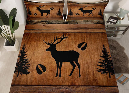 Manfei Rustic Deer Sheet Set Queen Size, Black Tree Deer Paw Print Bed Sheet Set 4pcs with Deep Pocket Fitted Sheet + Flat Sheet + 2 Pillowcases, Brwon Wooden Plank Bedding Set for Kids Boy Room Decor
