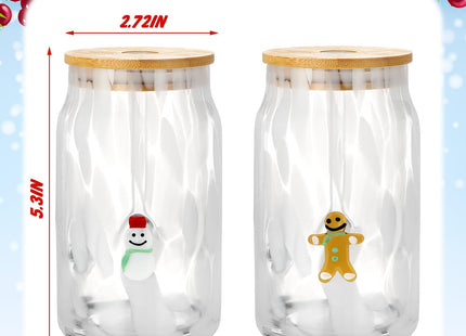 Potchen 2pcs Gingerbread Snowman Christmas Glass Cup 16.9 oz with Lid Straw