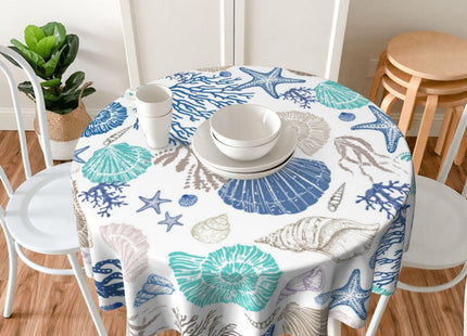 BYONEESS Summer Nautical Coastal Tablecloth Round 60 Inch Beach Starfish Seashell Print Polyester Table Cloth Sea Coral Circular Table Cover for Party Kitchen Dining Picnic Holiday Outdoor Decor