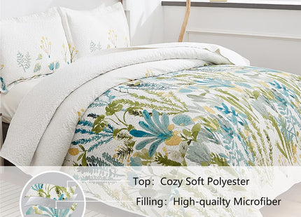 Twin Size Floral Quilt Set for Bed Lightweight Green Yellow Leaves Botanical Bedspread Daybed Cover Coverlet Lodge Cabin Garden Floral Bed Cover Blanket Rural Blossom Bedroom Decor