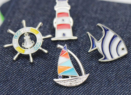 Acxico 4Pcs Creative Metal Cartoon Brooch Set Sailboat Lighthouse Rudder Tropical Fish Shape Lapel Pin Jacket Denim Collar Backpack Pin