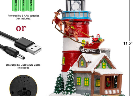 VISFLAIR Musical Christmas Village Figurines Lighthouse & Flying Santa Collectibles Building Statues, Battery & USB Christmas Home Decor Gifts Festive Holiday Decorations