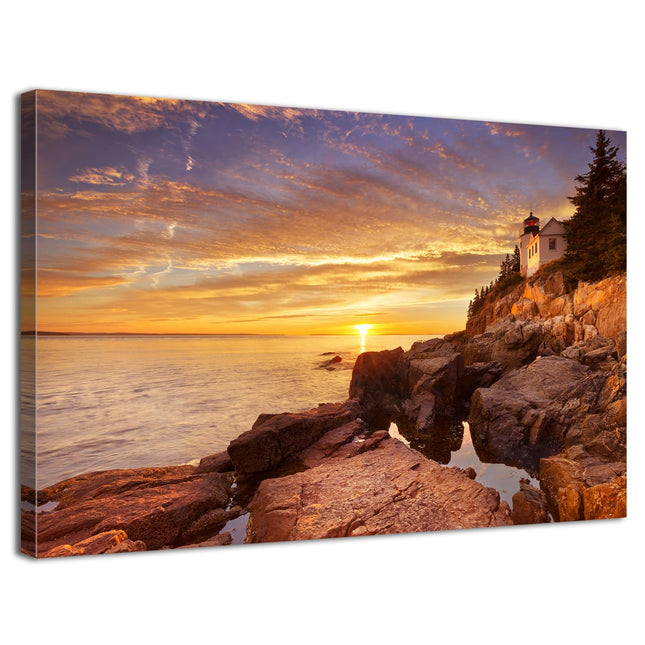 National Park Seascape Wall Art Bass Harbor Lighthouse Pictures Wall Decor Sunset Ocean Scenery Canvas Prints Pictures Coastal Painting Artwork for Living Room Bedroom Office Home Decoration 24x36"