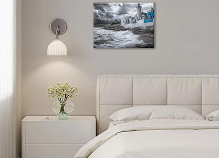 Olivine Beach Wall Art, Coastal Lighthouse Pictures Wall Decor, Black And White Painting, Nautical Canvas Prints, Framed Artwork for Bathroom Bedroom Living Room Office Home Decoration 16"x12"