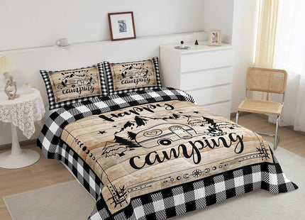 Erosebridal Happy Camping Bedding Sets King Western Lodge Cabin Comforter Set Black White Buffalo Plaid Duvet Insert Camper Theme Quilted Comforter Teens Adults Rustic Farmhouse Travel Trailers Decor