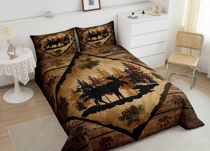 Homewish Moose Cabin Bedding Set,Retro Brown Wooden Stripes Farmhouse Comforter Set for Kids Teens Adults,Pine Cones Trees Wild Animal Paw Print Quilted Comforter with 2 Pillowcases Queen Size 3 Pcs