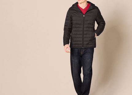 Amazon Essentials Men's Lightweight Water-Resistant Packable Hooded Puffer Jacket, Black, Medium