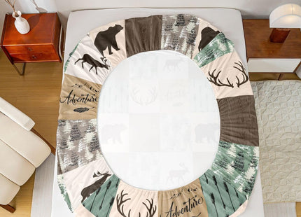 Rustic Patchwork Sheet Set, Bear Moose Fitted Sheet Twin For Kids Boys Teens Adult, Farmhouse Hunting Deer Bed Sheet Boho Arrows Buffalo Plaid Flat Sheet 3 Pieces With 1 Pillow Case, Brown Green