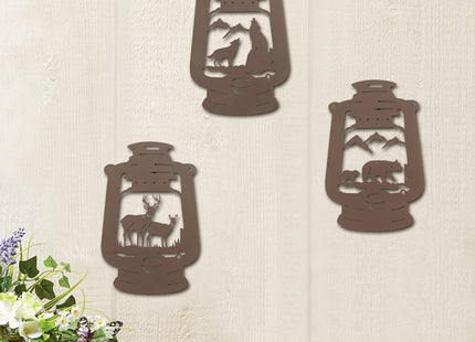 Rustic Metal Wall Art Decor, Bear Wolf Deer in the Kerosene Lamp Decor