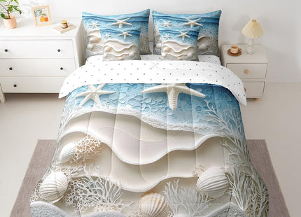 Erosebridal Ocean Beach Twin Comforter Set 7 Piece Coastal Nautical Bedding Set with Sheets Starfish Coral Shell Bed in A Bag for Kids Boys Girls Sea Waves Bed Set Beige Blue Bedroom Decor