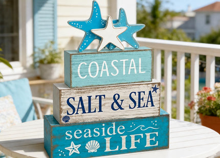 4 Pcs Summer Beach Table Decor Starfish & Seashell Coastal Nautical Wooden Block Signs, Rustic Farmhouse Tiered Tray Decorations for Home Bathroom Office Desk Shelf Mantel