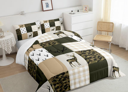 Homewish Camouflage Comforter Set Full Size Woodland Camo Quilt Set Green and Beige Plaid Print Bedding Set 3pcs for Kids Boys Teens Room Decor, Animal Deer Antlers Duvet Insert with 2 Pillowcases