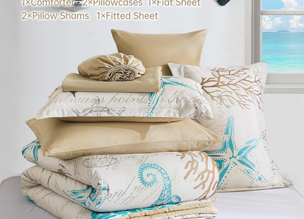 Comforter Set King Size Coastal, Beach Themed Comforters,7 Pieces Ocean Starfish Bed in a Bag Nautical Bedding with Sheets for Spring Summer