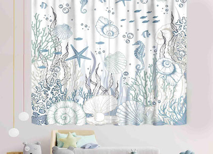 Nautical Beach Curtains, Coastal Seahorse Sea Turtle Starfish Seashell Undersea Animal Blue Blackout Drapes for Bedroom Living Room Kids Room Bathroom Kitchen Window Treatments 2 Panel, 42"x45" Inch