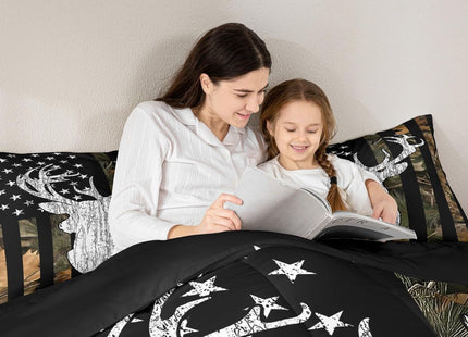 Camouflage Deer Comforter Set Twin Woodland Tree Botanical Camo Flag Bedding Set Hunting American Flag Comforter For Kids Boys Teen Men,Nature Conifer Oak Branches Leaf Quilt Duvet Black Brown 2 Pcs