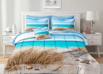 Coastal Queen Size Beach Bedding - 8 Piece Bed in a Bag - Blue Island Scenery Design - Comforter Set with Sheet Set