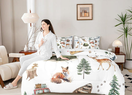 Erosebridal Wild Animal 7 Piece Bed in A Bag Queen Happy Camping Comforter Set Fox Deer Wildlife Woodland Animals Bedding Sets for Boys Girls Camper Car Western Cowboy Sheet Set with Comforter