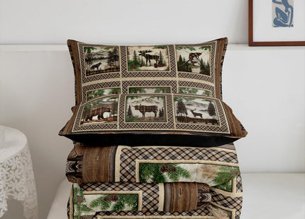 Feelyou Rustic Bear Comforter Set Toddler Size Boys Girls Farmhouse Deer Bedding Set for Kids Cabin Moose Duvet Quilt Highland Cow Brown Plaid Grid Room Decor