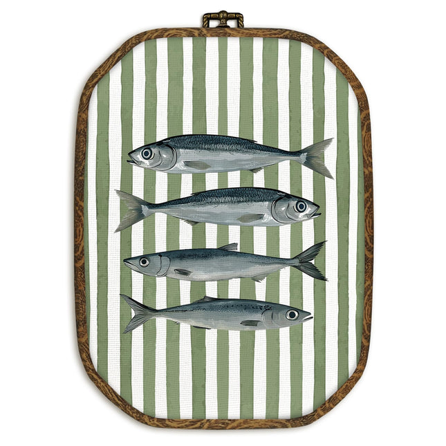 dvhdajed Vintage Sardine Fish Wall Art Decor, Coastal Fishes Framed Canvas Art, Retro Nautical Sardines Green Striped Octagon Wall Hanging Decor for Farmhouse Kitchen Dining Room, 10.2x7 Inch