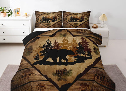 Lodge Cabin Bedding Set Queen Size 3 Pcs,Bear Wild Animal Silhouette Print Comforter Set for Kids Teens Adults,Jungle Pine Trees Brown Wooden Stripes Rustic Quilted Comforter with 2 Pillowcases